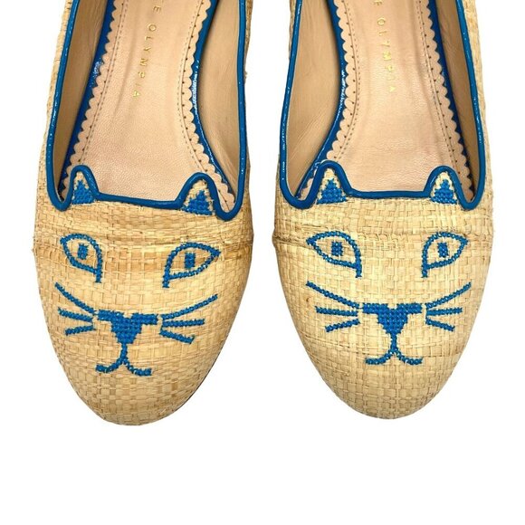 Charlotte Olympia Beige and Blue Raffia Kitty Flats Loafers RARE EU 37 US 6.5-7 - Picture 7 of 12